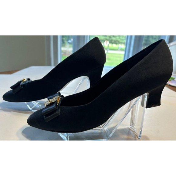 Women's Selby Delight Vintage Heels Size 9 Black Suede Bow Rhinestones - Picture 4 of 10